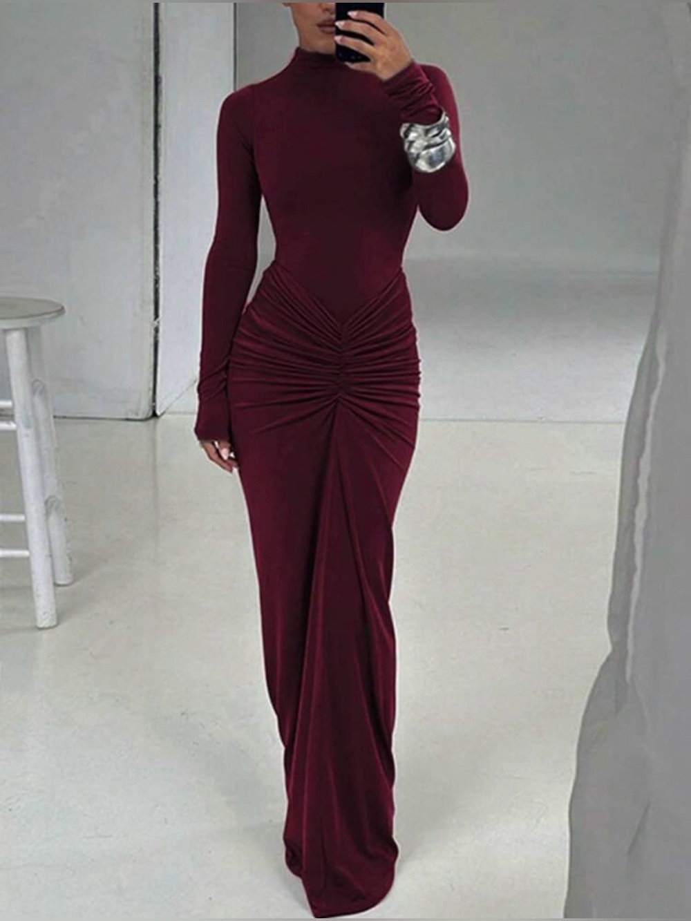 Elegant Long Sleeve Ruched Maxi Dress - Burgundy size M